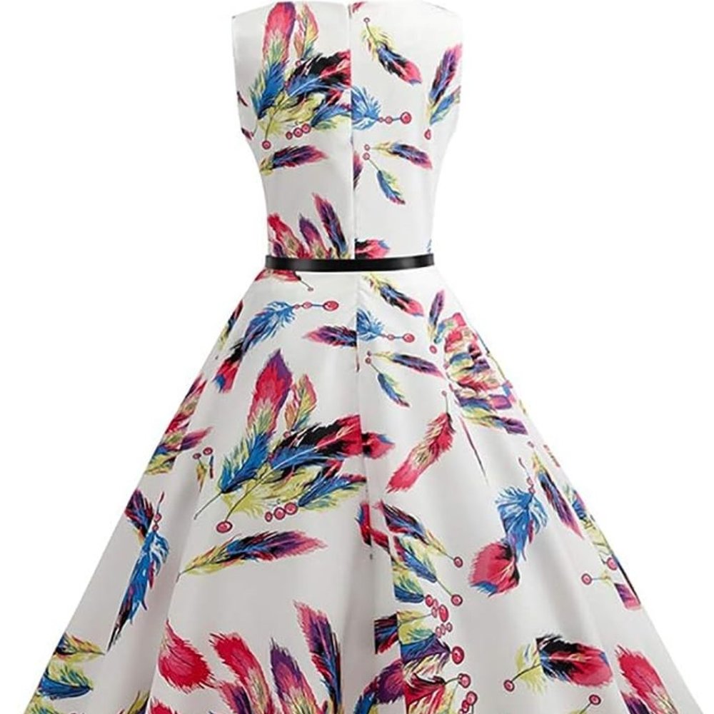Colorful Feather Sleeveless Dress, Size Medium